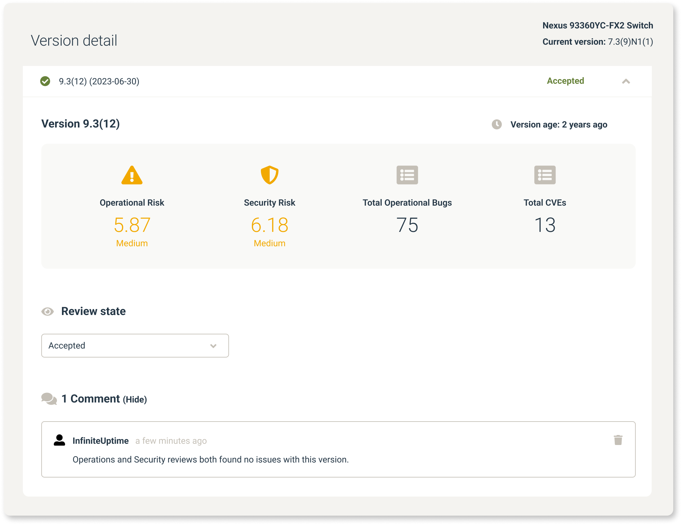 Version details and operational bugs interface